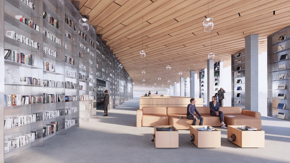 Filarmónica de Vltava en Praga por arquitectos daneses (visualización), La biblioteca | Fuente: Bjarke Ingels Group (BIG) / CAMP Filarmónica de Vltava en Praga por arquitectos daneses (visualización), La biblioteca | Fuente: Bjarke Ingels Group (BIG) / CAMP