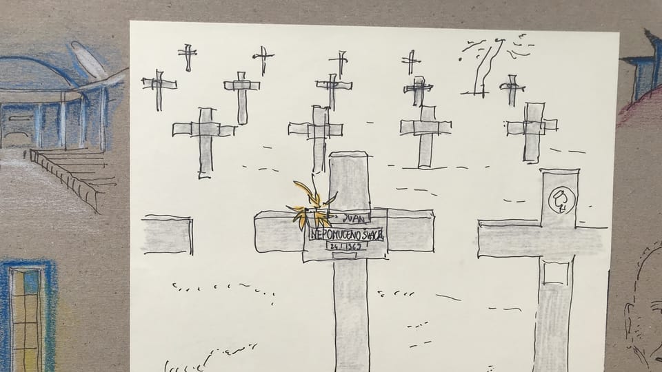 Un momento mágico en el cementerio,  dibujo de Vávra | Foto: Juan Pablo Bertazza,  Radio Prague International