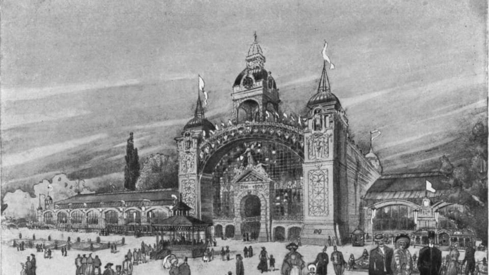 Palacio industrial de Praga, 1908, foto: repro 'Upomínka na I. Živnostensko-průmyslovou výstavu v Praze' Palacio industrial de Praga, 1908, foto: repro 'Upomínka na I. Živnostensko-průmyslovou výstavu v Praze'
