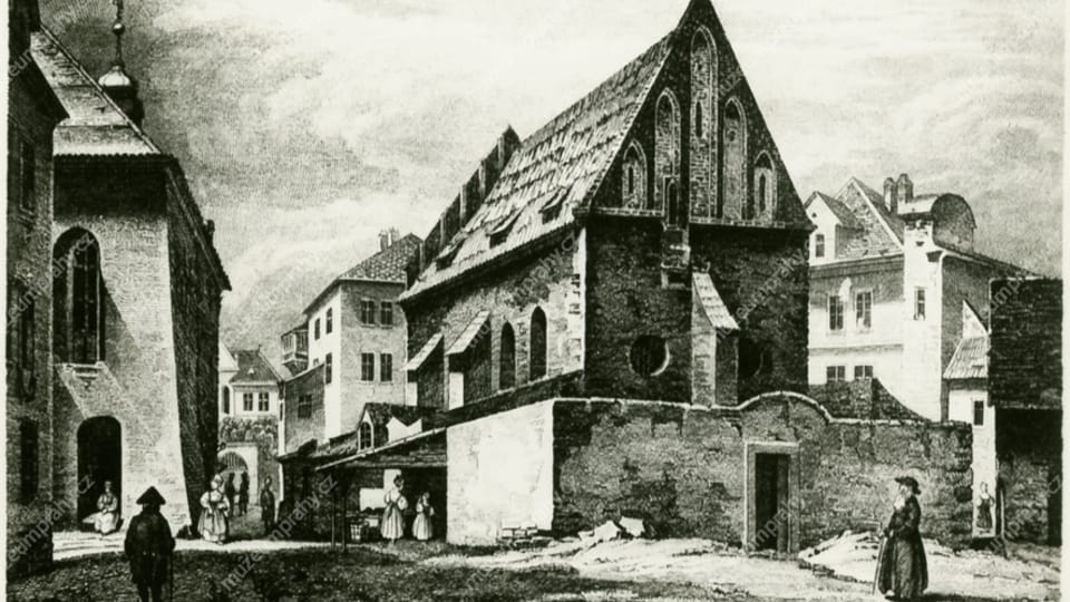 La Antigua Nueva Sinagoga de Praga en el año 1836 | Foto: calcografía en cobre K. Würbs S. Langer, Prague City Museum La Antigua Nueva Sinagoga de Praga en el año 1836 | Foto: calcografía en cobre K. Würbs S. Langer, Prague City Museum