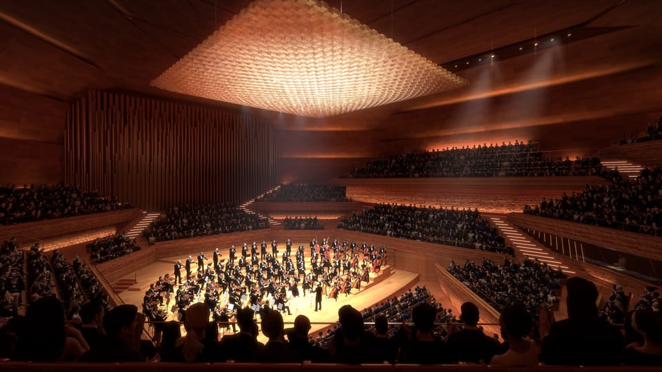 Futura sala de conciertos principal de la Filarmónica del Moldava  (visualización) | Fuente: Bjarke Ingels Group  (BIG) / CAMP