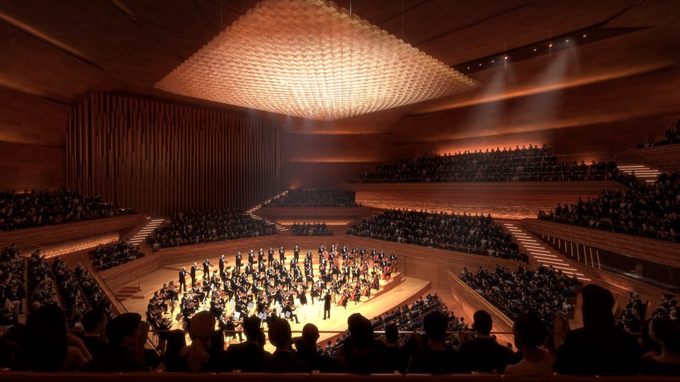 Futura sala de conciertos principal de la Filarmónica del Moldava (visualización) | Fuente: Bjarke Ingels Group (BIG) / CAMP Futura sala de conciertos principal de la Filarmónica del Moldava (visualización) | Fuente: Bjarke Ingels Group (BIG) / CAMP