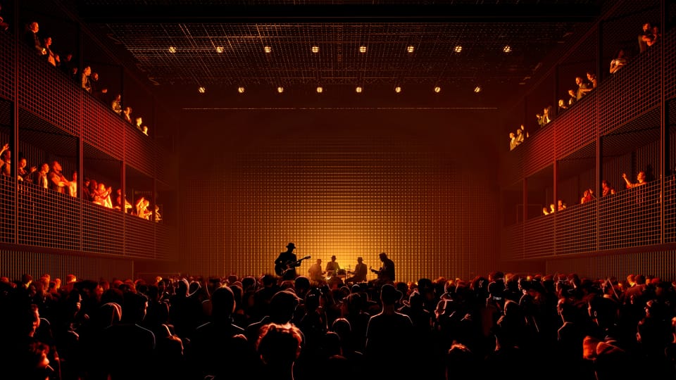 Filarmónica de Vltava en Praga por arquitectos daneses (visualización), La sala polivalente | Fuente: Bjarke Ingels Group (BIG) / CAMP Filarmónica de Vltava en Praga por arquitectos daneses (visualización), La sala polivalente | Fuente: Bjarke Ingels Group (BIG) / CAMP