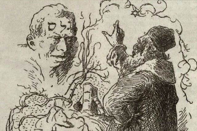 El rabino Löw da vida al Golem; Ilustración de las leyendas de Praga,  1908. | Foto: Wikimedia Commons,  public domain