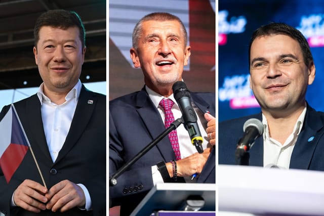 Tomio Okamura  (SPD),  Andrej Babiš  (ANO) y Petr Macinka  (Motoristé sobě) | Foto: iROZHLAS.cz / Profimedia